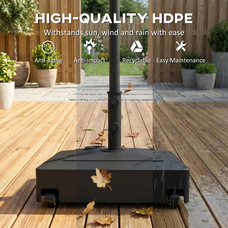 Outsunny Stojak na Parasol z Kółkami, Napełniany 61 kg Piaskiem/40 kg Wodą, Do Masztów Ø35, 38, 48 mm, Czarny