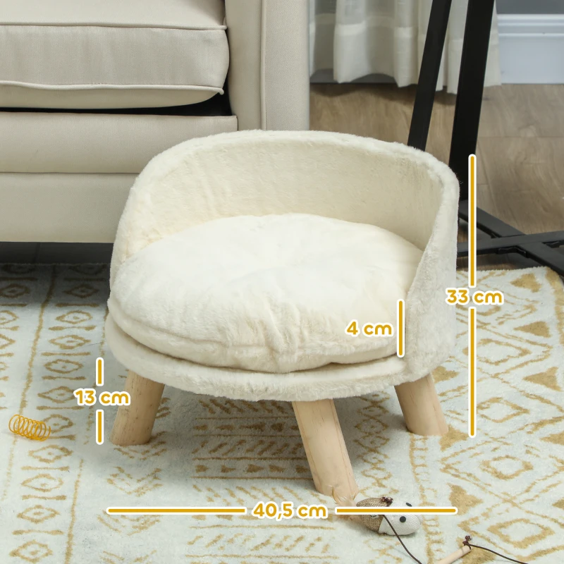 PawHut Sofa dla psa z poduszką, drewniane nogi, zmywalne podwyższone łóżko dla zwierząt, sofa dla kotów i miniaturowych psów, 40,5 x 40,5 x 33 cm, kremowa