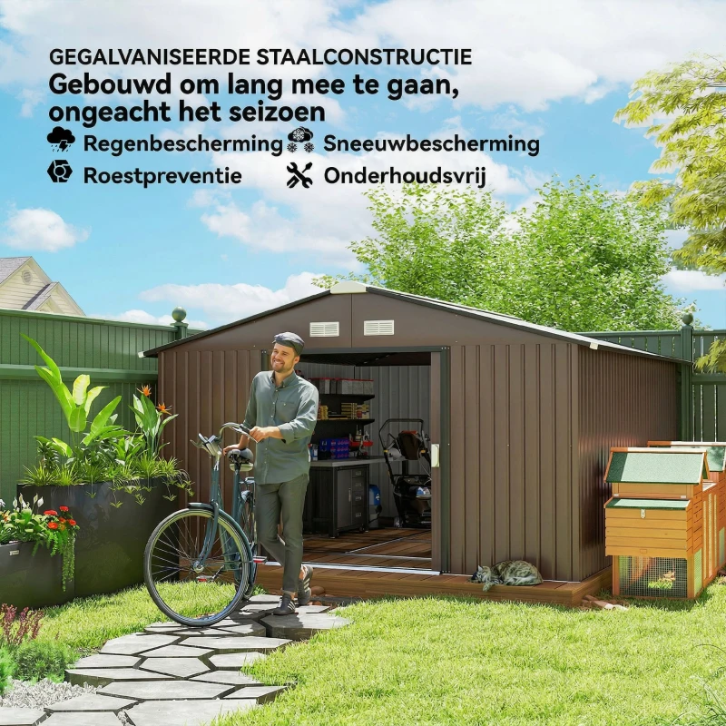 Outsunny Tuinschuur, Weerbestendig Tuinhuis voor Tuingereedschap, met Ventilatieramen, Schuifdeuren, Staal, Bruin