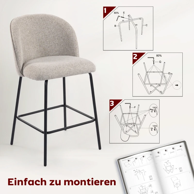 HOMCOM Set van 2 Barkrukken met Rugleuning en Voetensteun, Gestoffeerde Stoelen met Stalen Poten voor Keukeneiland, Lichtgrijs
