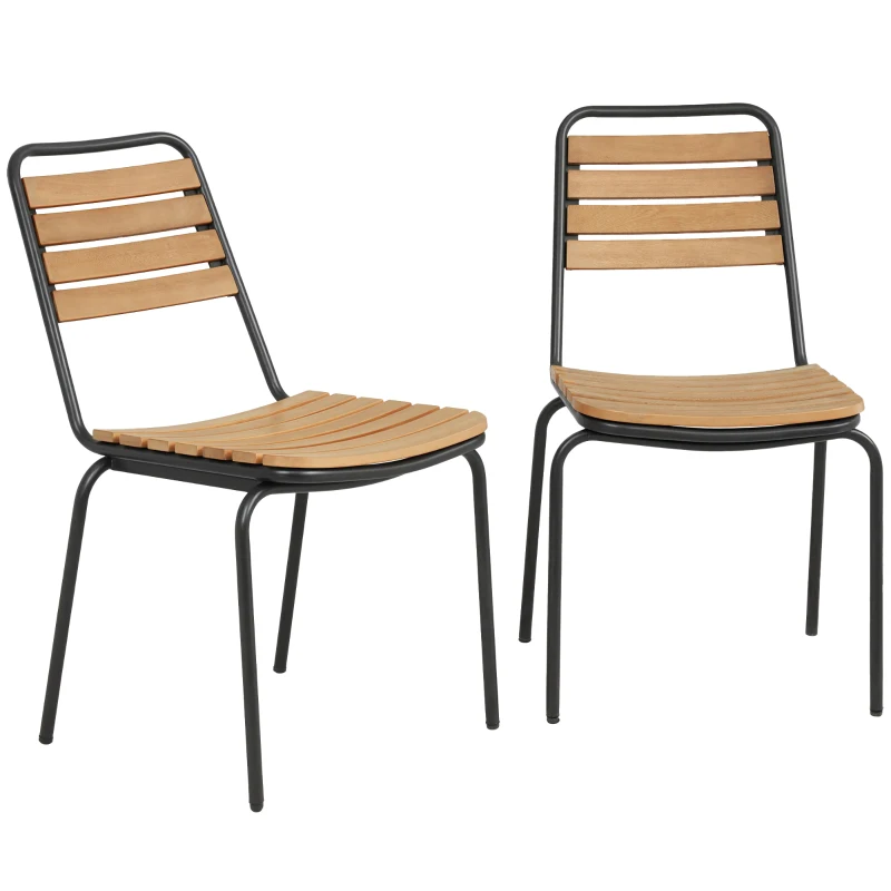 Outsunny Silla de jardín 2 unidades resistente a la intemperie Sillas de jardín de acero y madera apilable con respaldo hasta 160 kg Madera natural