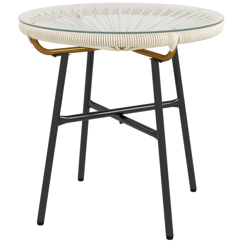 Outsunny Round Garden Coffee Table in Rattan-Effect Resin with Metal Frame and Tempered Glass Top Ø 50 x 50 cm Cream