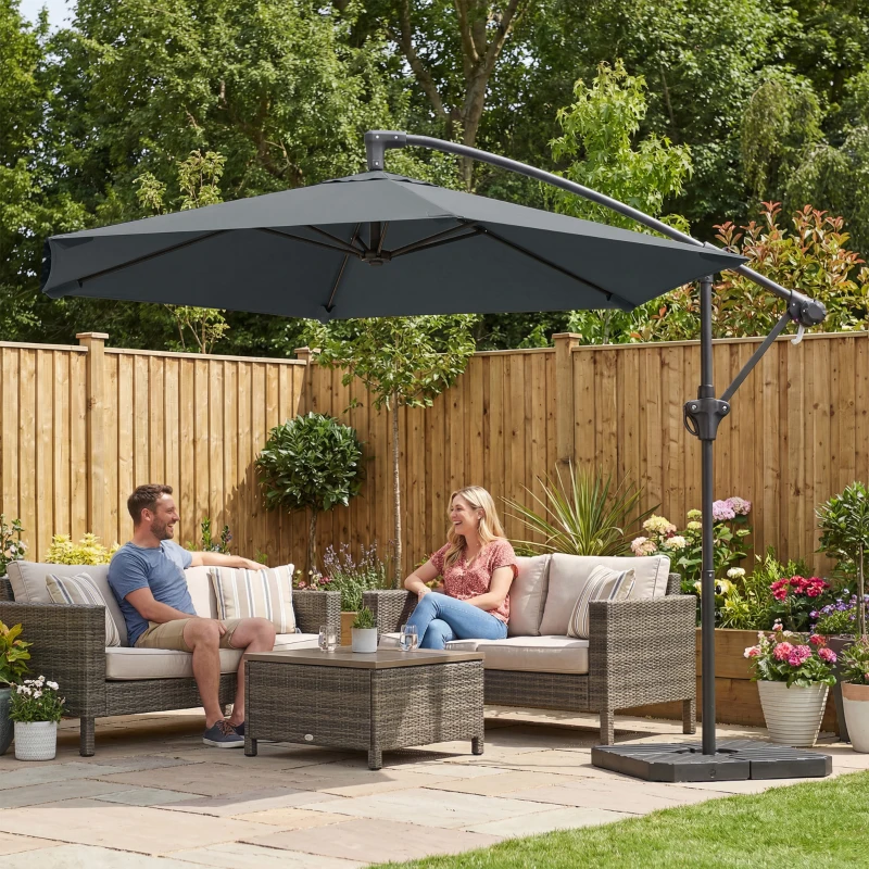 Outsunny 3 m Cantilever Umbrella with Cross Base & Weight Slabs, Outdoor Garden Umbrella with Crank, Dark Gray