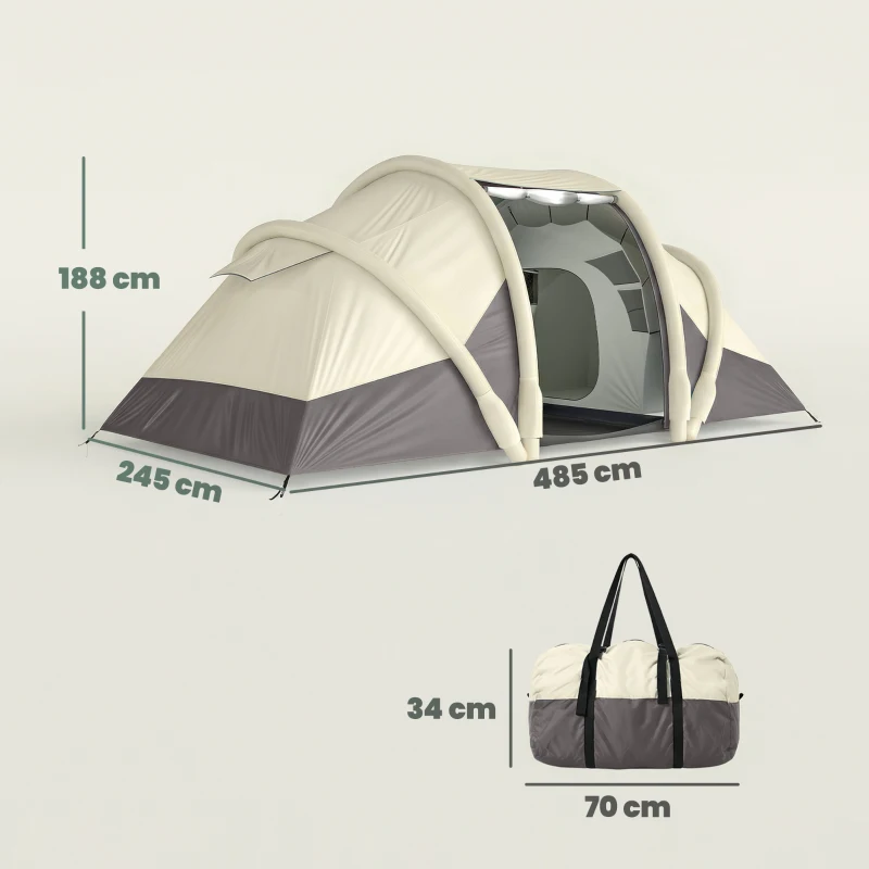 Outsunny Tenda Inflável para Camping 2-4 Pessoas com Bomba 2 Quartos e Sala Impermeável 3000mm 485x245x188cm Cinza
