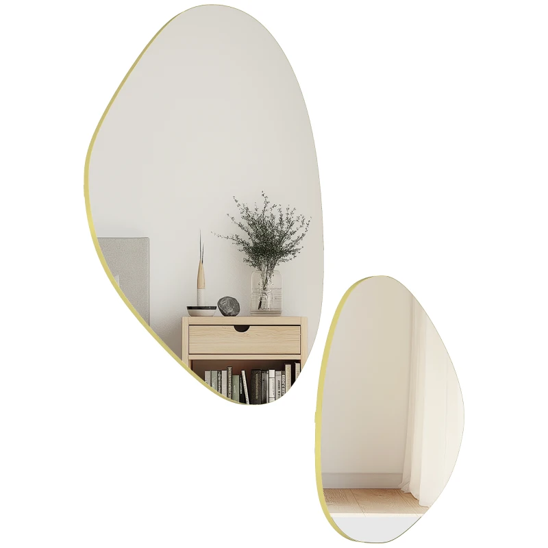HOMCOM Set of 2 Pebble-Shaped Wall Mirror - Gold Tone