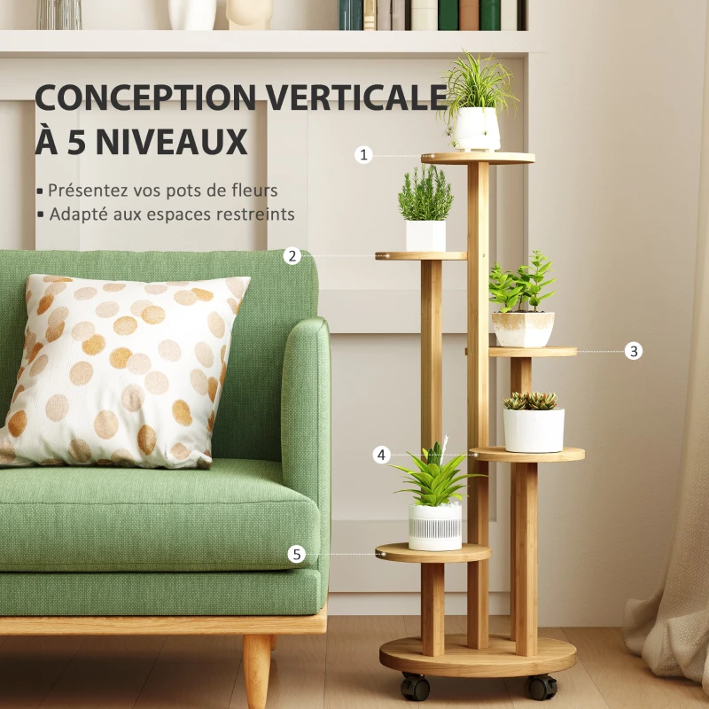 Outsunny Bamboo plant stand round flower shelves flower pot holder 5-tier natural wood