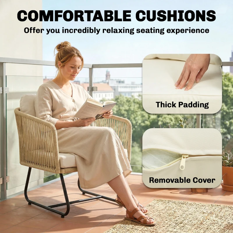 Outsunny Rattan Bistroset 3-delig FSC Tuinmeubelset met 2 Fauteuils, Latten Houten Tafel, Dikke Wasbare Kussens, Stalen Frame