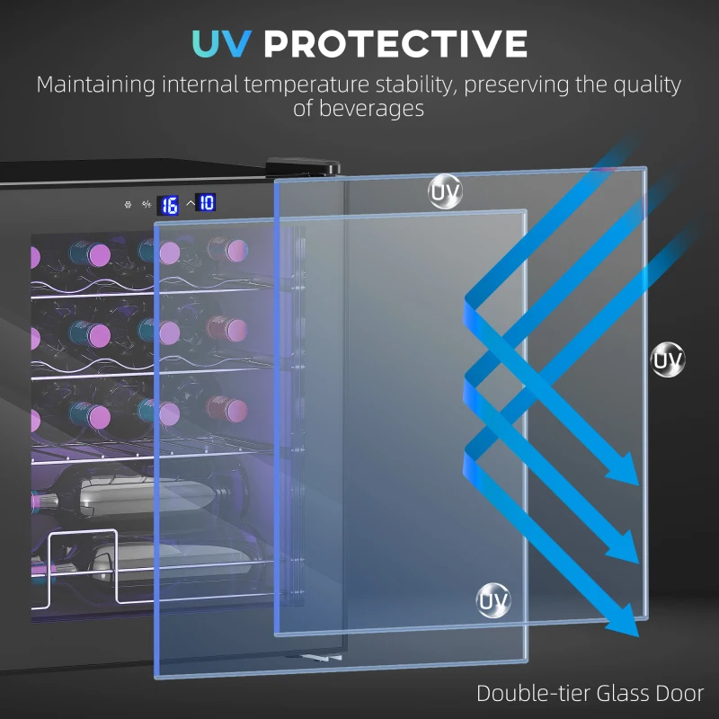 HOMCOM Wolnostojąca chłodziarka do wina, 16 butelek, dla domowego baru, salonu, kuchni, ekran dotykowy, drzwi szklane, oświetlenie LED
