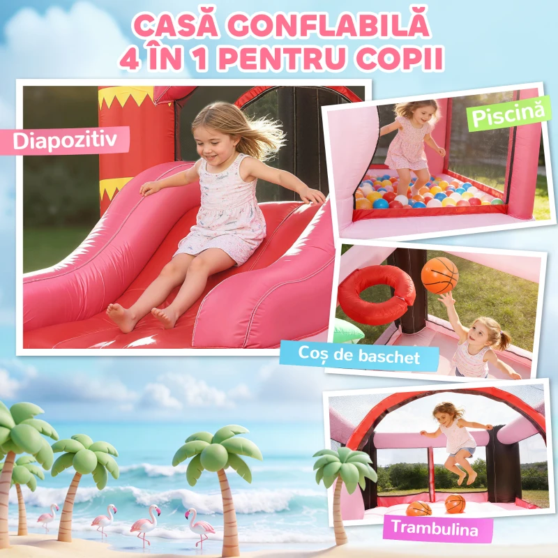 AIYAPLAY Castel Gonflabil pentru Copii 4 în 1, Tobogan, Trambulină, Piscină cu Bile, Coș de Baschet, Mingi de Baschet, Tematică Flamingo, Ventilator, Geantă de Transport, Interior Exterior, 255x230x196cm, Roz