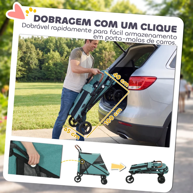 PawHut Carrinho para Cães Dobrável com um Botão até 30 kg com Suspensão nas 4 Rodas Giratório e Travão de Pé Turquesa