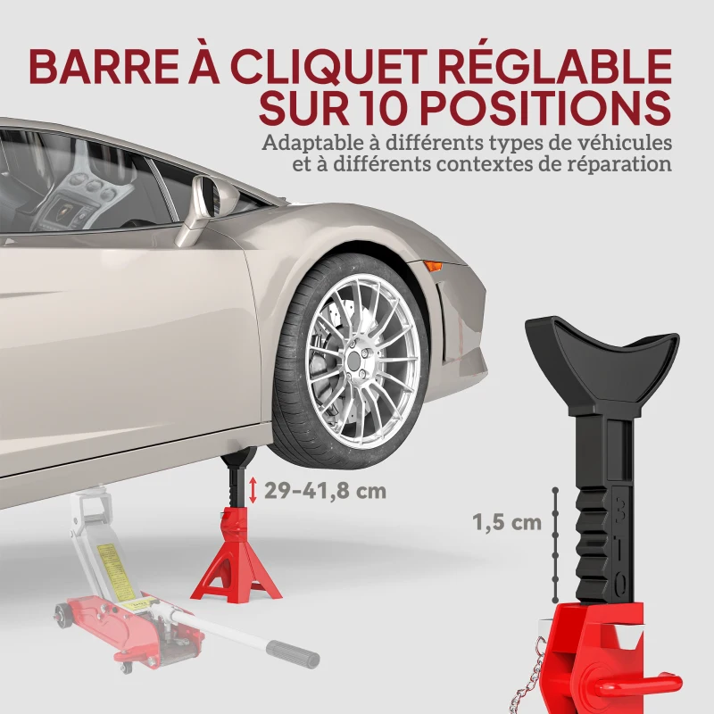 HOMCOM Set of 2 Car Jack Stands Lifting Jack Stands Capacity 3000 kg Height Adjustable 29-41.8 cm Safety Pin Red