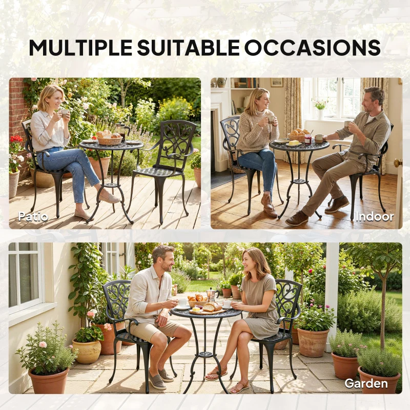 Outsunny 3-częściowy zestaw bistro ogrodowy okrągły stół z 2 krzesłami otwór na parasol, antyczny z odlewu aluminium