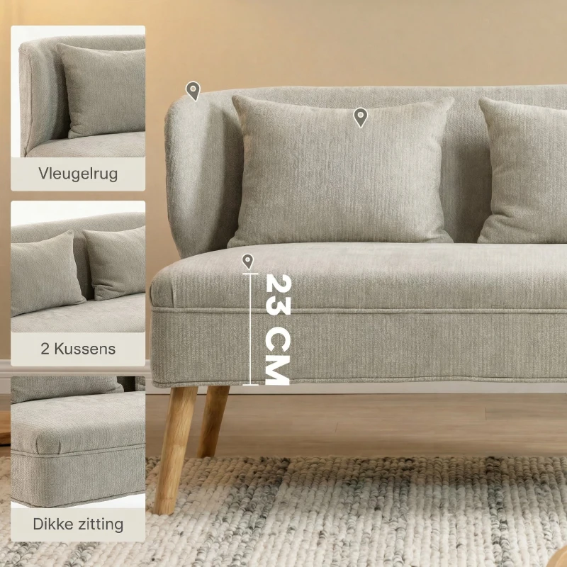 HOMCOM 2-zitsbank, kleine chenille-bank met vleugelrug, dikke zitting, rubberhouten poten, Beige