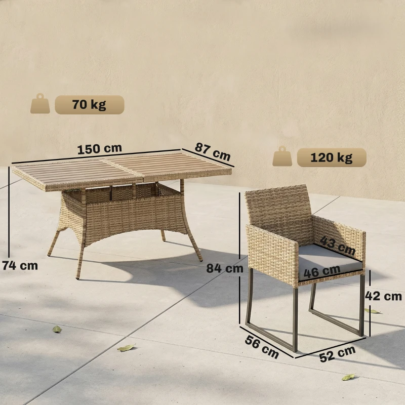Outsunny 7 Piece Rattan Garden Furniture Set, Garden Dining Set with Wood-Plastic Table and 6 Stackable Chairs, Dark Grey