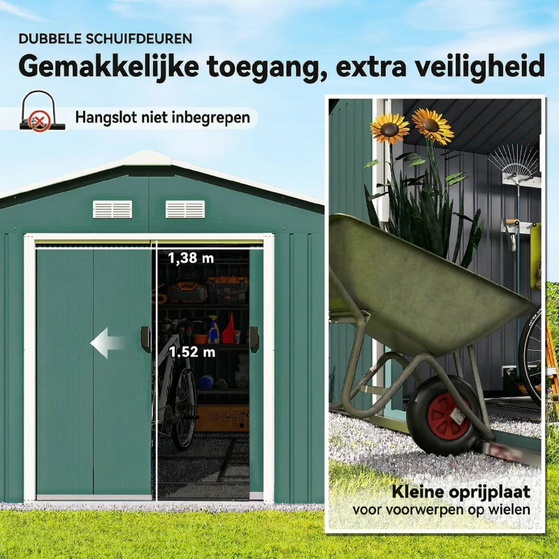 Outsunny Tuinschuur, Weerbestendig Tuinhuis voor Tuingereedschap, met Ventilatieramen, Schuifdeuren, Staal, Donkergroen(m-5)
