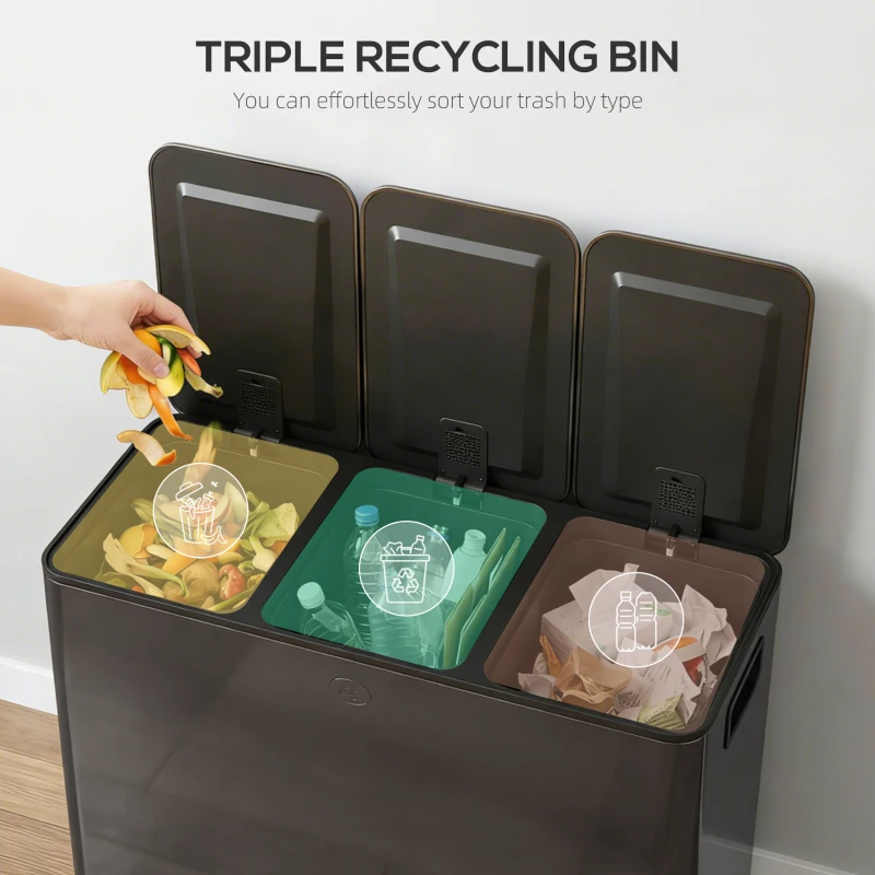 HOMCOM 3 x 15L Pedal Bin, Steel Triple Kitchen Bin with Soft Close Lid, Removable Inner Buckets, Fingerprint-Proof, Black