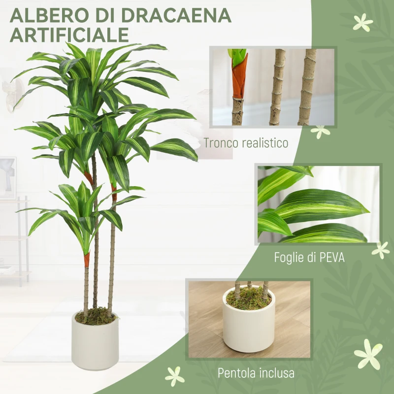 HOMCOM Pianta Artificiale di Dracena Verde in PEVA e Legno con Vaso Contenitore in PP e Cemento, 60x40x120 cm