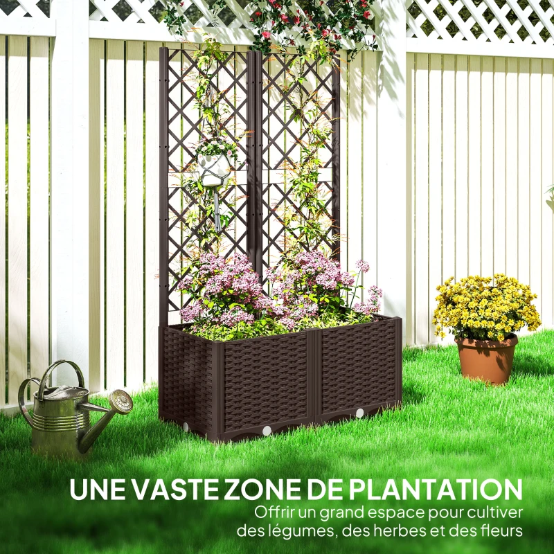 Outsunny Planter with Trellis Raised Garden Bed Outdoor Planter with 6 Drainage Holes 80 x 40 x 135 cm brown