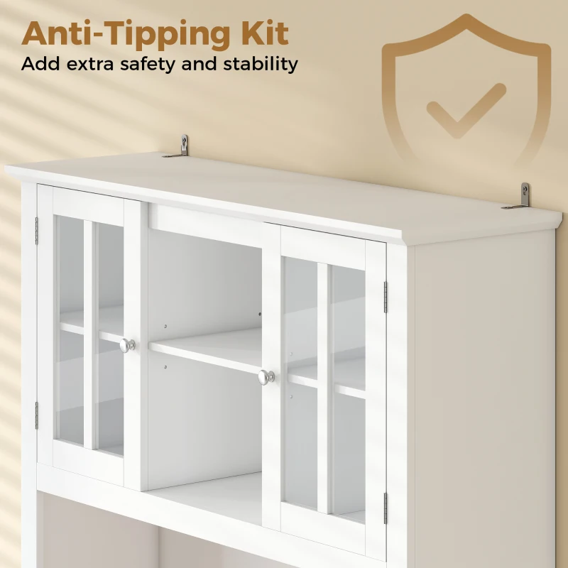 HOMCOM Vorratsschrank mit LED-Beleuchtung Steuerung per App Arbeitsplatte für Mikrowelle Flaschenhalter Glastüren Weiß