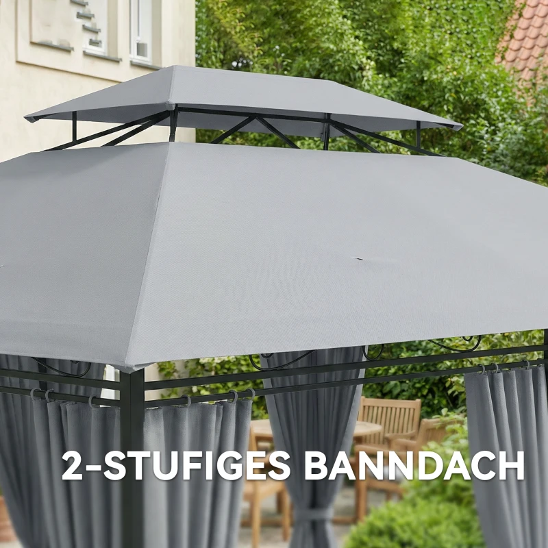 Outsunny Gartenpavillon, Outdoor Pavillon mit Vorhängen, belüftetem Dach, Dunkelgrau