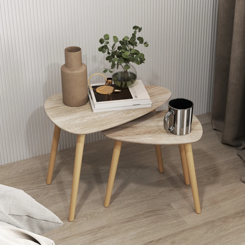 HOMCOM Set of 2 Scandinavian nesting coffee tables with wooden legs and wooden tops, natural finish