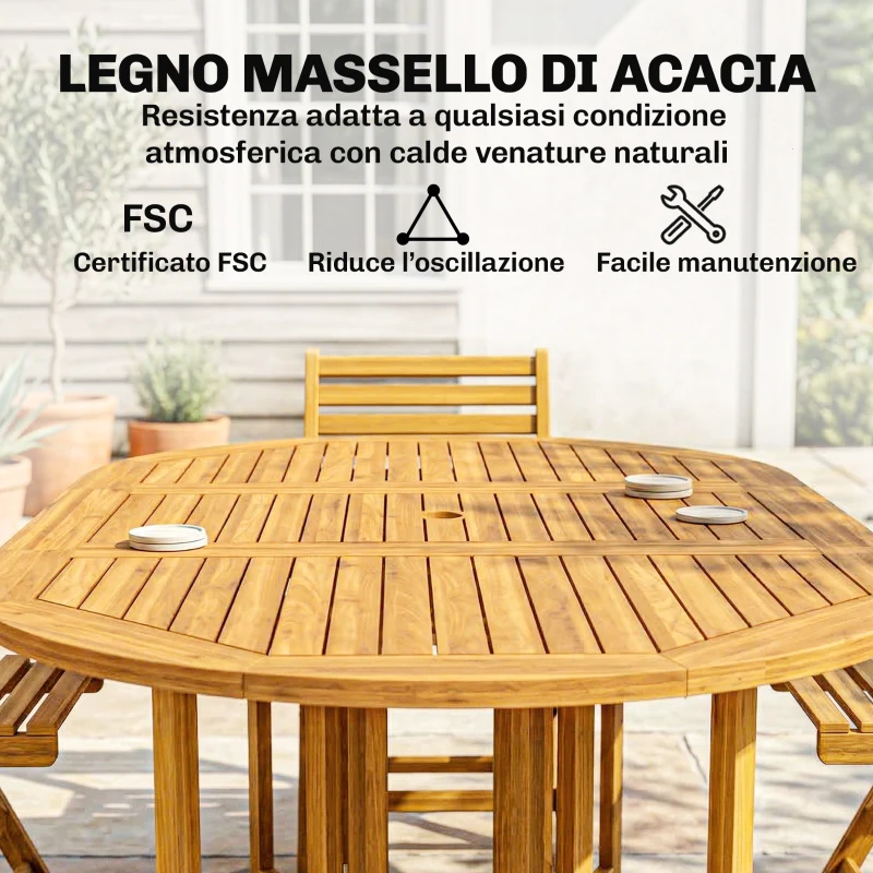 Outsunny Set Pranzo 7 Pezzi, Tavolo Estensibile Legno e 6 Sedie Pieghevoli per Giardino