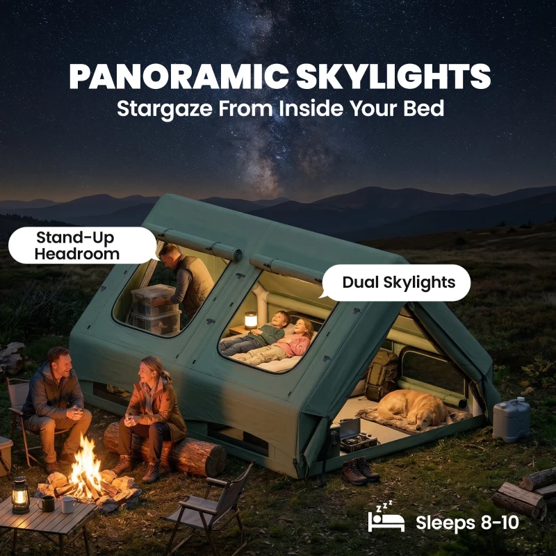 Outsunny Nadmuchiwany Namiot 8-10 Osób Szybki Montaż 4-Sezonowy Wodoodporny Odporny na Zarysowania z Otworem na Piecyk i Świetlikami