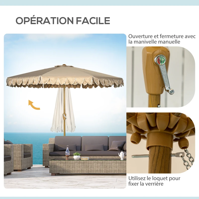 Outsunny Tilting Round Parasol Ø 264 cm with Frills High-Density UV-Resistant Polyester Fabric Removable Pole 8 Ribs - Khaki