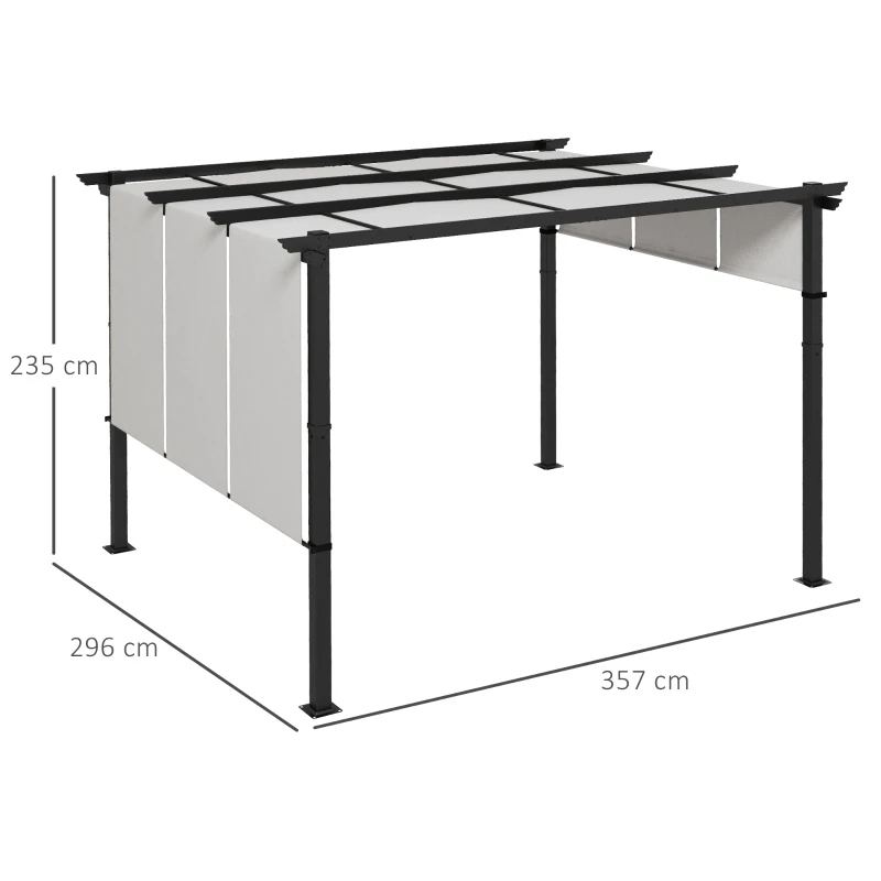 Outsunny Pergola with 3 sliding canopies 3.5L x 3l x 2.35H m black epoxy anti-corrosion metal frame polyester canopy gray