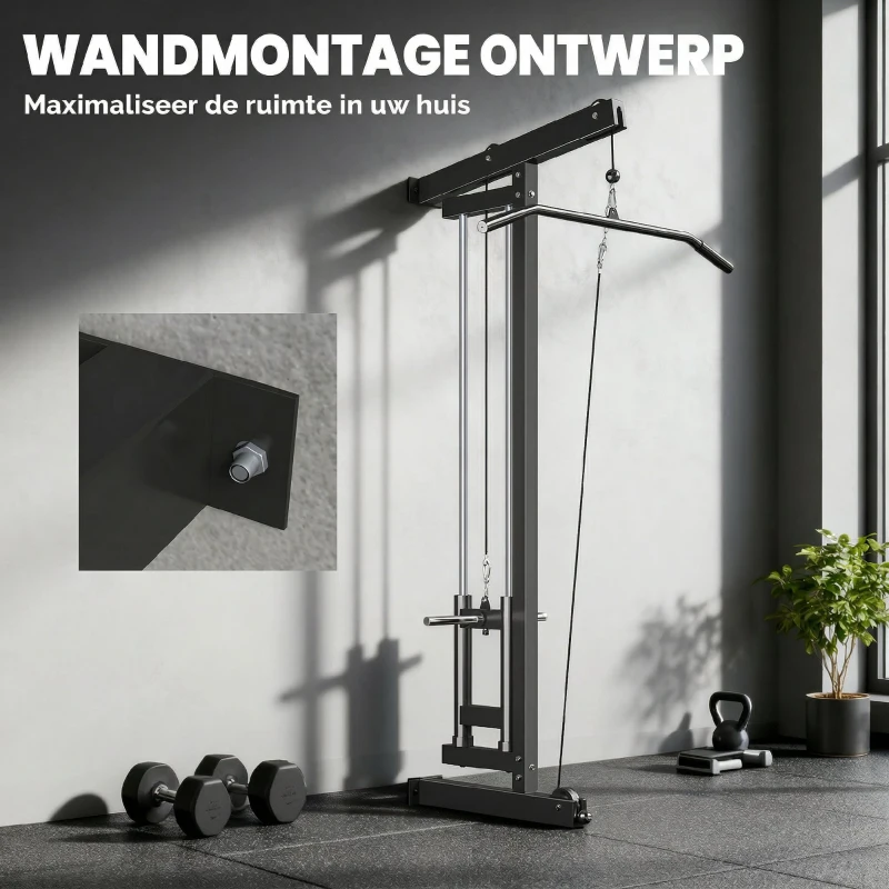 SPORTNOW Roeimachine voor training, wandgemonteerd fitnessapparaat, kabelmachine voor thuisgym, staal, zwart