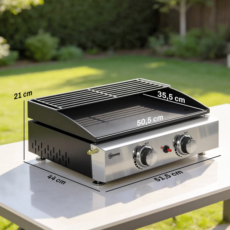 Outsunny Barbecue a Gás com 2 Queimadores de 5 kW Barbecue Portátil com Placa Grelha de Aquecimento e Recipiente para Gordura Preto
