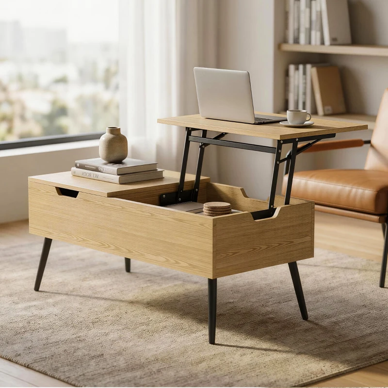 HOMCOM Table basse relevable avec double plateau, table de salon avec compartiment caché et pieds en métal, bois naturel