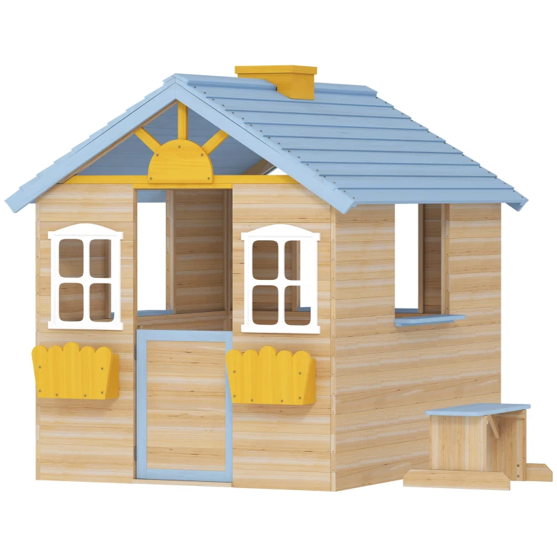 Outsunny Wooden Playhouse, Wendy House w/ Door, Bench, Flowerpot Holder, For Ages 3-7 Years, Blue