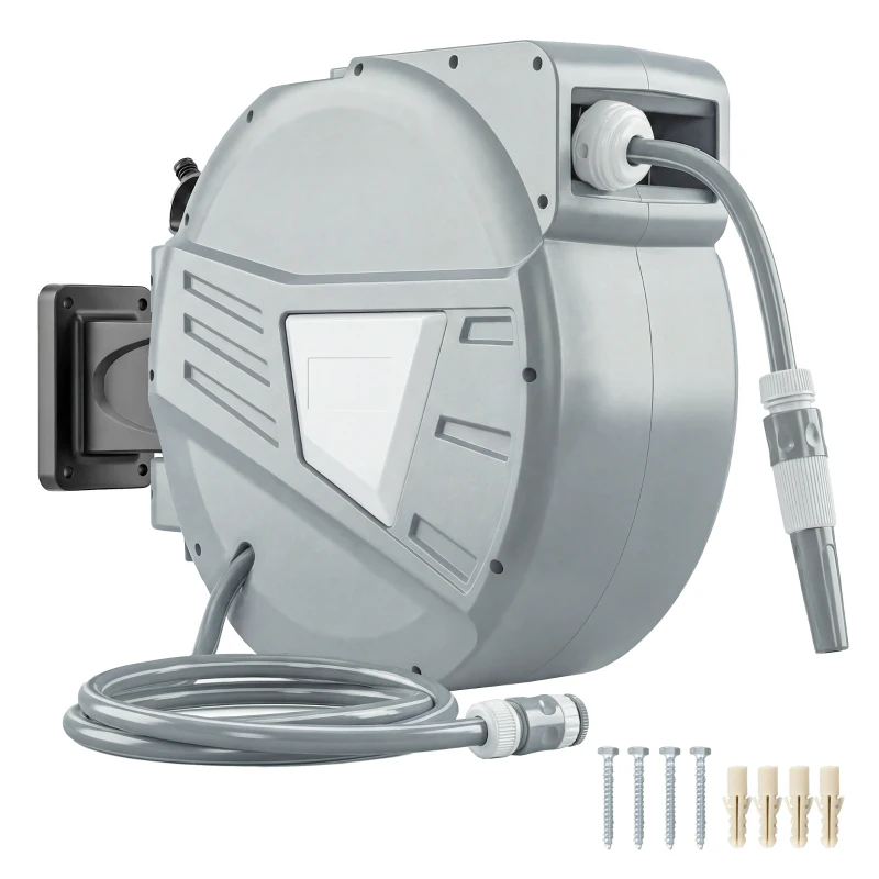 Outsunny Wall-Mounted Hose Reel 20+1.6m x Ø 15mm, Automatic Retractable Water Hose Reel, 180° Swivel, Gray