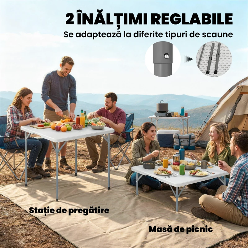 Outsunny Masă de Camping Pliabilă Pătrată, din Metal și HDPE, 86x86x74 cm, Alb