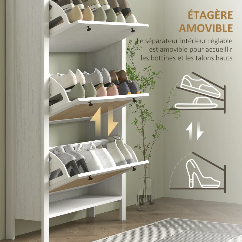 HOMCOM Shoe cabinet shelf shoe cupboard 3 flip doors rattan weave effect - natural wood