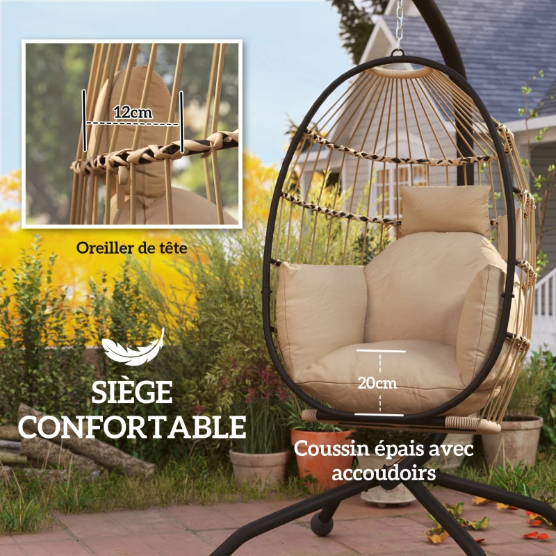 Outsunny Egg hanging chair, indoor and outdoor, foldable basket, padded cushion, steel frame, beige