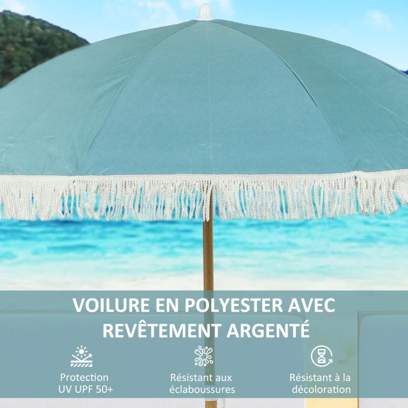Outsunny Wood-effect Pole Beach Umbrella Ø 170 cm, Large Fringed Umbrella Adjustable Height, UPF50+ Carry Bag, Light Blue
