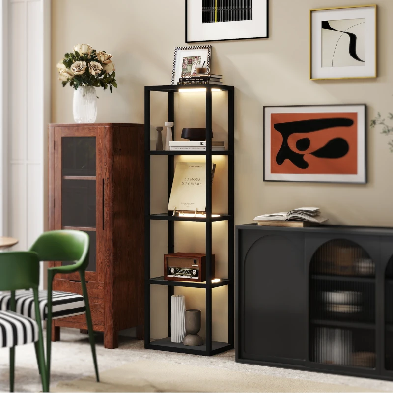 HOMCOM LED Floor Lamp with Glass Shelves, 4 Layers Dimmable Modern Standing Lamp with Foot Switch for Living Room, Bedroom, Office, Black