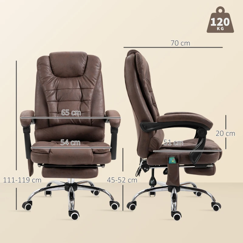 Vinsetto Masujący Fotel Biurowy z Funkcją Leżenia i Ogrzewania, Obrotowy, Ergonomiczny, do 120 kg, Brązowy