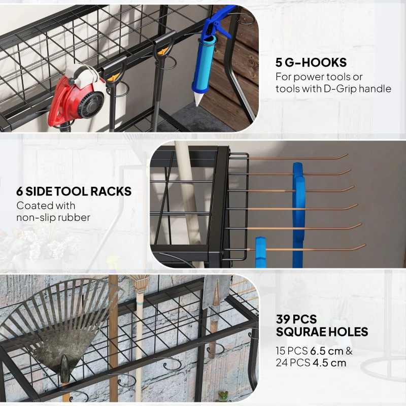 Outsunny Garden Tool Storage Rack, 3-Tier Garden Tool Rack with 11 Hooks for Long-Handled, Broom, Shovel, Rake, Holds 20 Tools