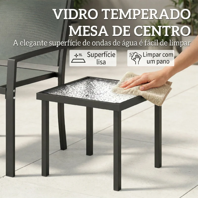 Outsunny Conjunto de Mesa e Cadeiras com 3 peças Conjunto de Jardim 2 Cadeiras de Textilene e Mesa de Vidro  Cinza Claro