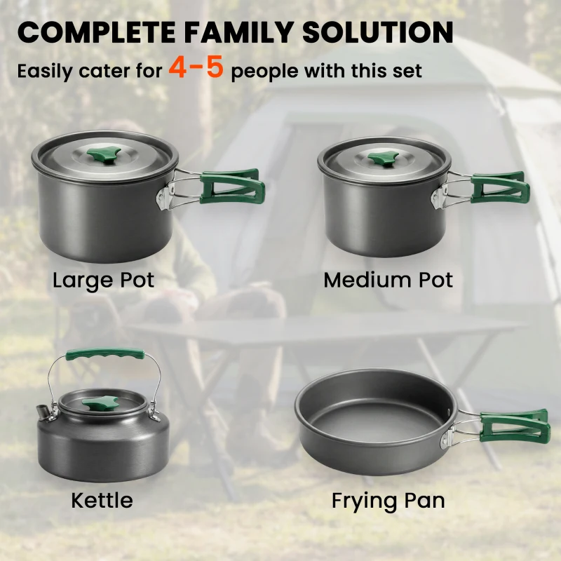 Outsunny Camping Cookware Set for 4-5 People, Lightweight Aluminium Camping Cooking Kit with Anti-Scald Handles, Grey