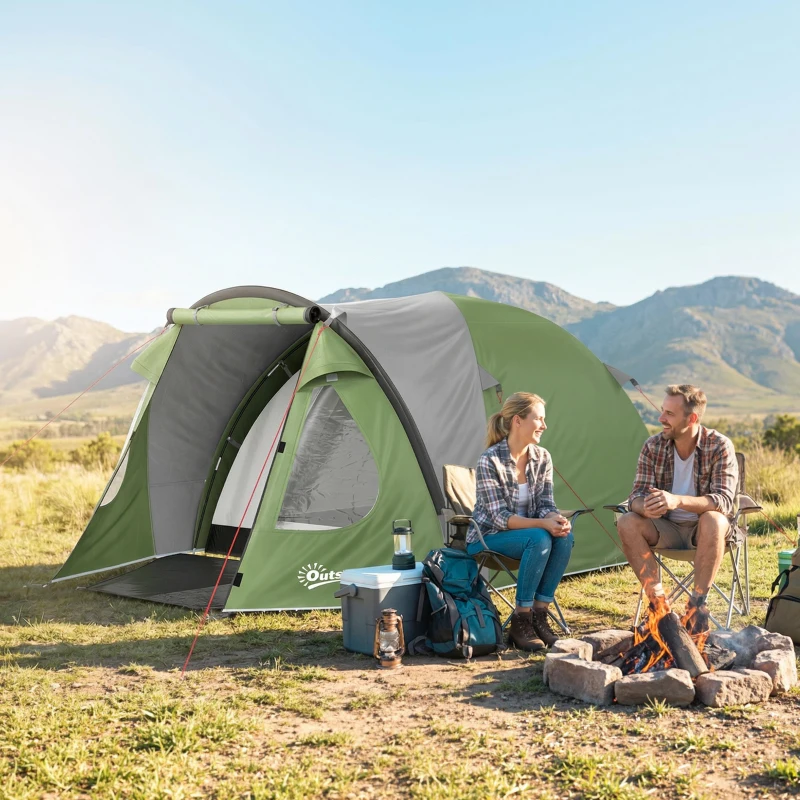 Outsunny Tente de Camping pour 4 Personnes, 2 Chambres, Fenêtres et Portes, Tapis de Sol, Crochet au Plafond, 323x248x150cm, Vert