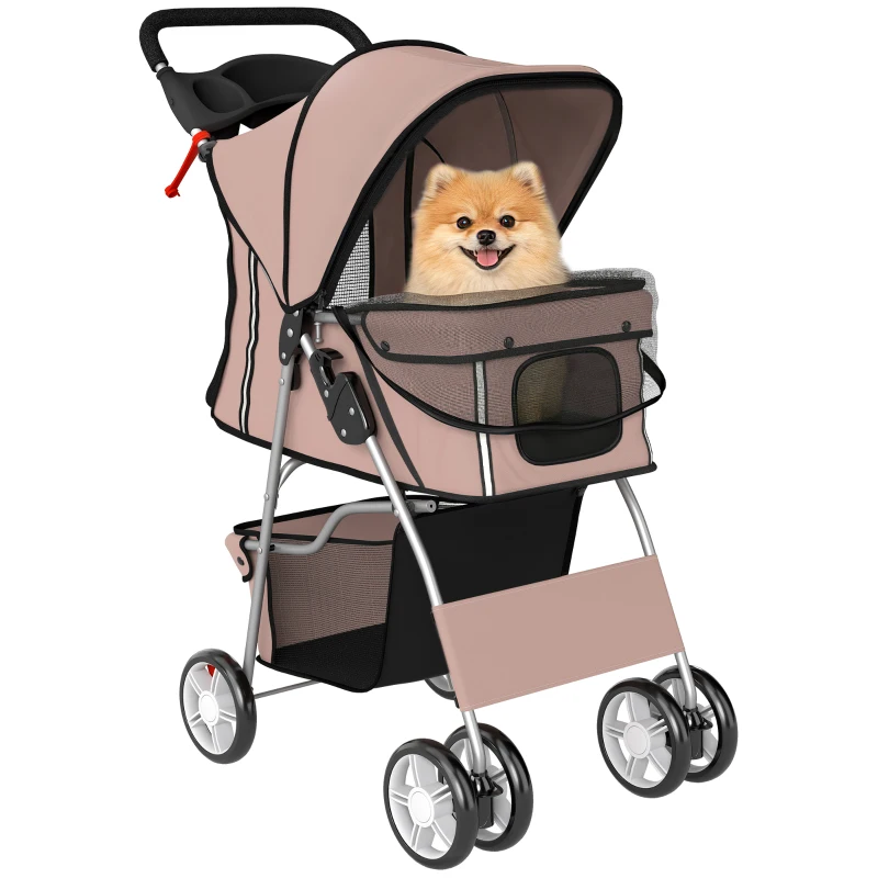 PawHut Wózek dla psa składany z odblaskami, koszem i poduszką dla małych psów do 10 kg, wymiary 77x44x102 cm, kolor kawowy