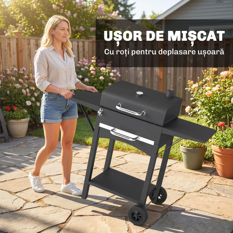 Outsunny Grătar cu Cărbuni, cu 2 Rafturi Laterale, Termometru, Capac și Roți, 110x46.5x101 cm, Negru