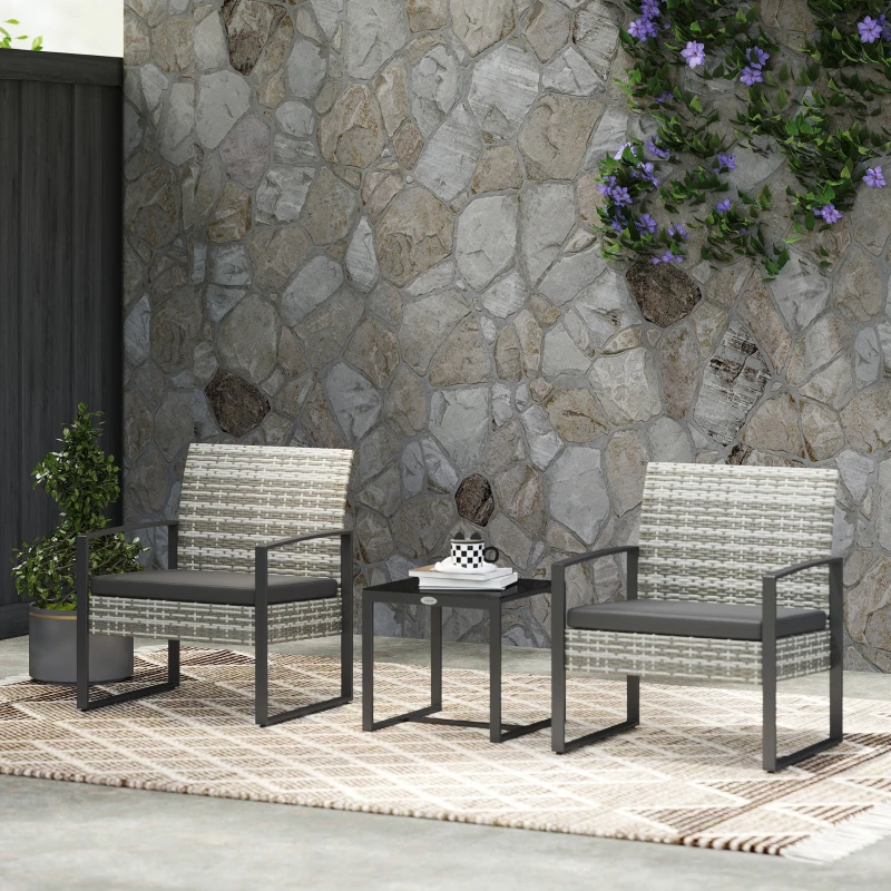 Outsunny 3-Piece Garden Set 2 Chairs with Cushions + Coffee Table Tempered Glass Top Braided Resin Light Gray