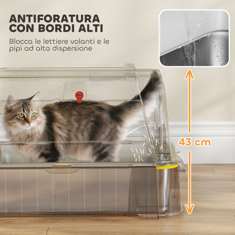 PawHut Lettiera per Gatti Chiusa da 80L con Vassoio Estraibile, in ABS e Acciaio Inox, 63x43x43 cm, Grigio Chiaro