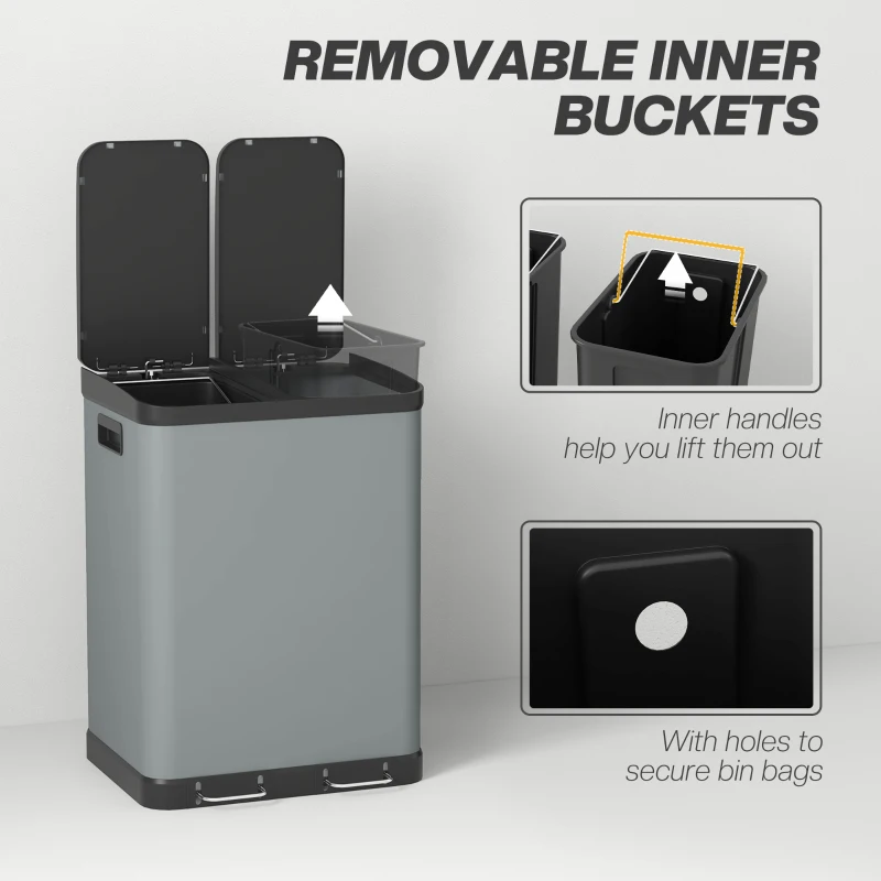 HOMCOM Kosz na śmieci 2 x 30L, pedał, pokrywka, metalowy wnętrze