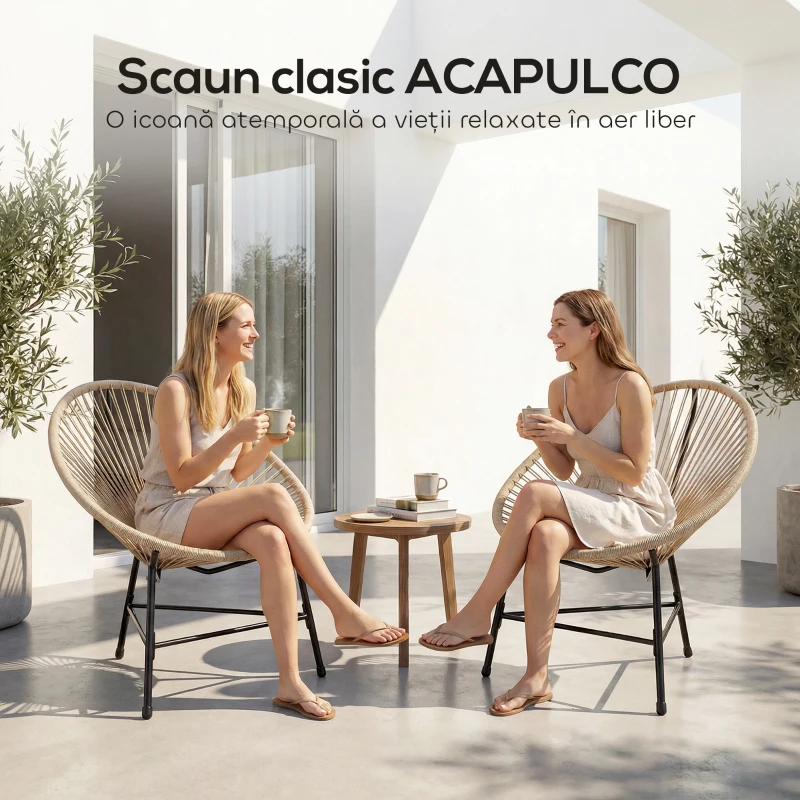 Outsunny Set de 2 Scaune Acapulco din Ratan, Structură din Oțel, pentru Balcon și Verandă